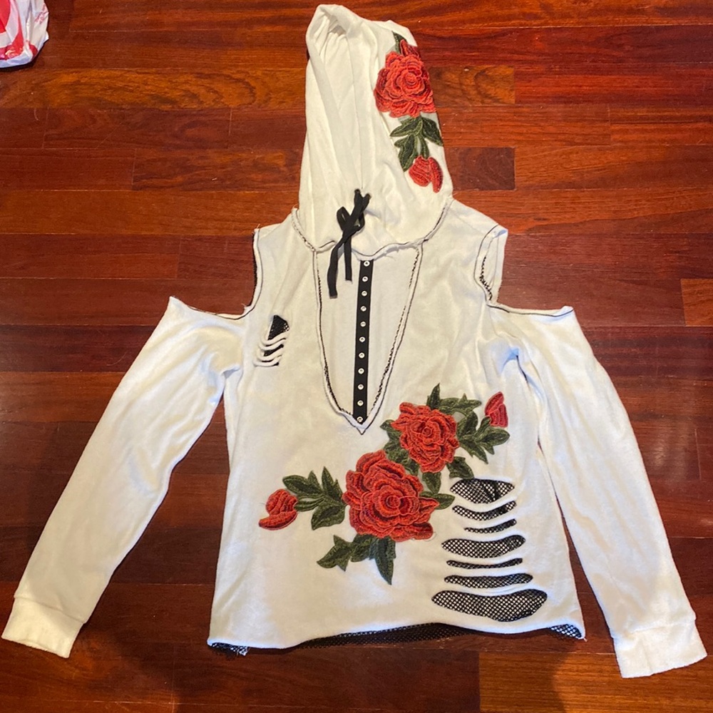 Rose patched hoodie with mesh detail